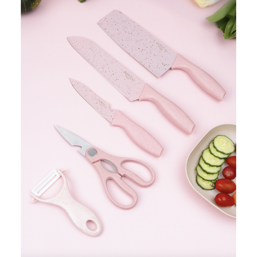 Set cuțite 6 piese – chef, pâine, satăr, decojit, foarfecă, fructe & legume – aliaj 3Cr13, antiaderent, roz