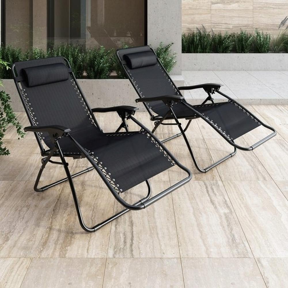 set 2xScaune Tip Sezlong Pliabil Gravitatie Zero Pentru Terasa, Gradina Sau Plaja , Tetiera, Suport Bauturi, Reglabil, Negru
