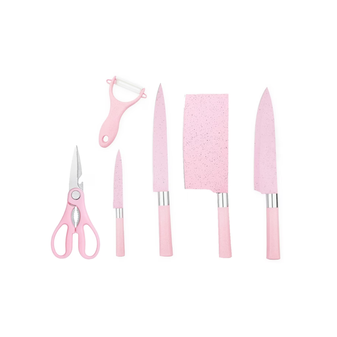 Set cuțite 6 piese – chef, pâine, satăr, decojit, foarfecă, fructe & legume – aliaj 3Cr13, antiaderent, roz