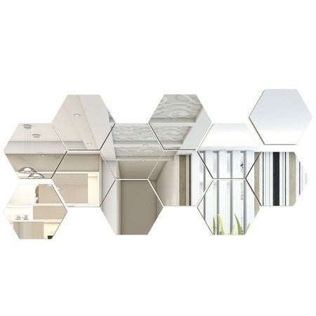 Set 12 autocolante de perete tip oglinda design Hexagon 126x110x63 mm, Argintiu
