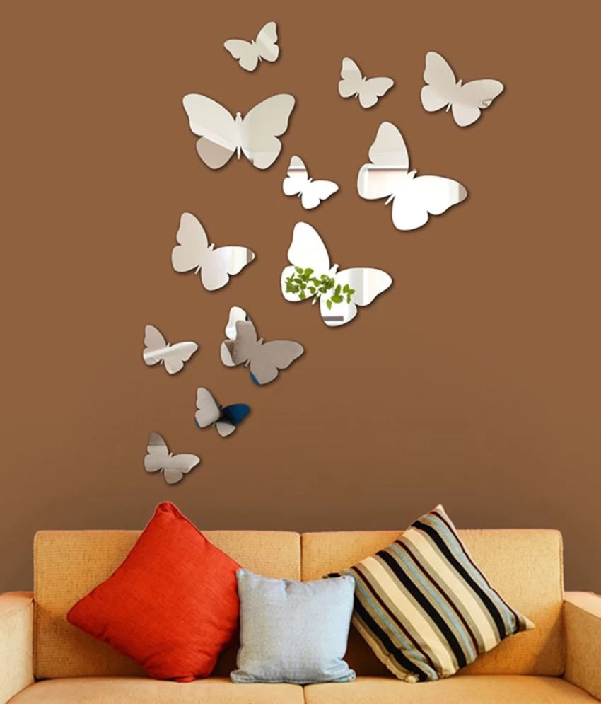 Set 25 Oglinzi acrilice autoadezive fluturi, pentru decorarea peretilor, 15 buc x 4 cm si 10 buc x 3 cm, Argintiu –