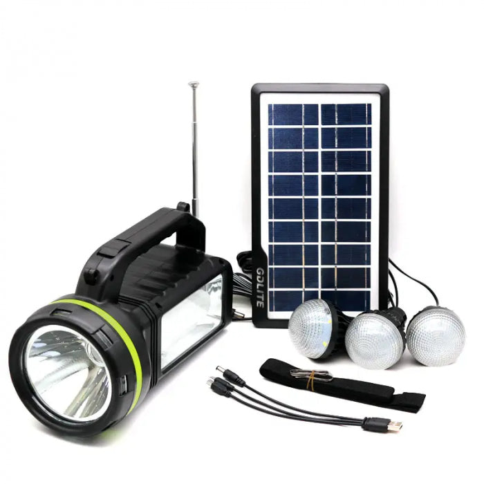 Lampa Solara Kit Solar Portabil GDLite GD-2000A, 3 Becuri Incluse, USB, Bluetooth, Radio FM, MP3