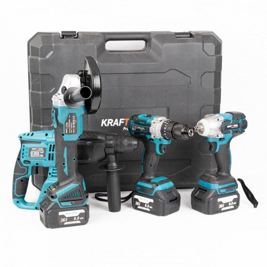 PACHETUL GOSPODARULUI BORMASINA CU IMPACT+BORMASINA DE GAURIT SI INSURUBAT+FLEX+CIOCAN ROTOPERCUTOR CU 3 ACUMULATORI 36V 5AH