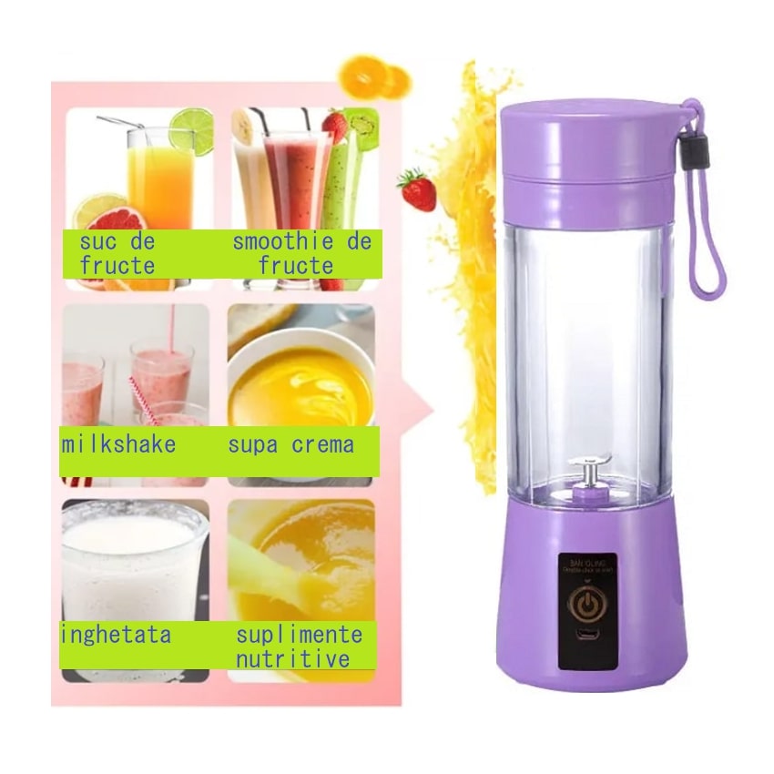 Mini blender portabil cu conectare USB si baterie reincarcabila, mov