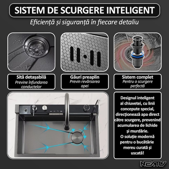Chiuveta Multifunctionala Premium, din Otel Inoxidabil cu 2 cascade, jet spalare pahare, tocator din lemn natural si 2 cuve pentru spalat