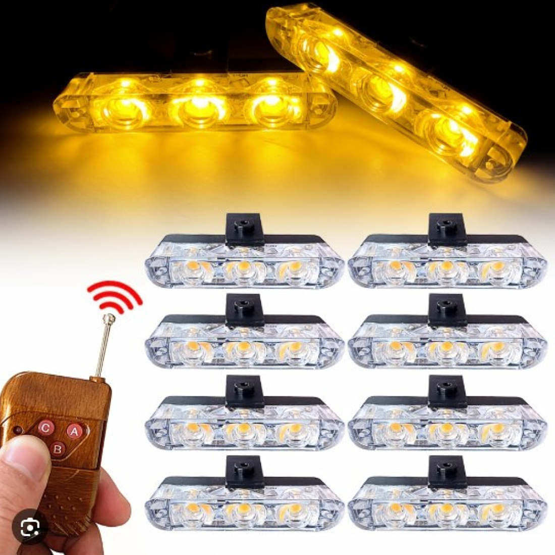 Lumini avertizare Set 8 LED Galben/Rosu Albastru pentru grila, functii stroboscop, 36W, 12V