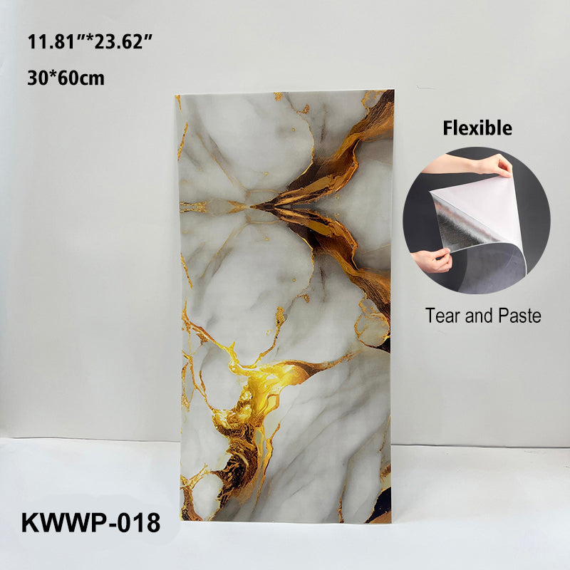 Set 10x Tapet Marmura Premium 3D , autoadeziv, waterproof, usor de montat, design modern, 30×60 cm alb cu auriu