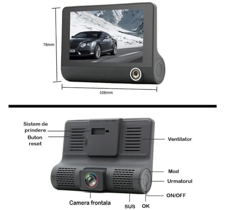 Camera Video Auto Tripla Full HD, 3 Camere Display 4 Inch G Senzor 170 grade