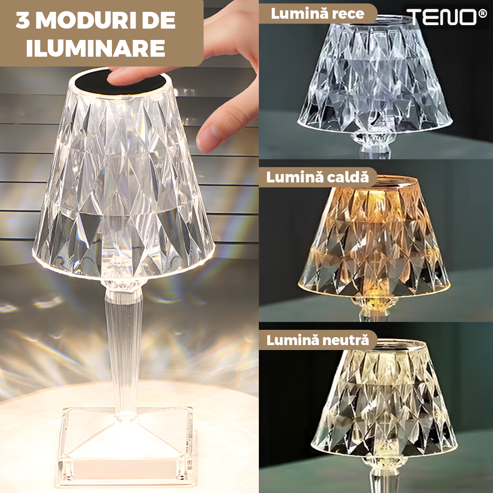 Lampa cu LED cristal 3D, USB, geometric, alb/transparent