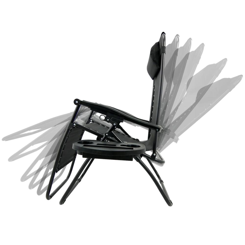 set 2xScaune Tip Sezlong Pliabil Gravitatie Zero Pentru Terasa, Gradina Sau Plaja , Tetiera, Suport Bauturi, Reglabil, Negru