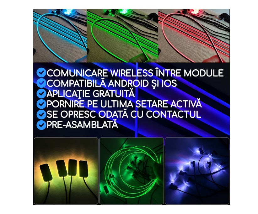 Kit iluminare ambientala  18 piese LED RGB, Bluetooth, aplicatie telefon, senzor muzica, multicolor