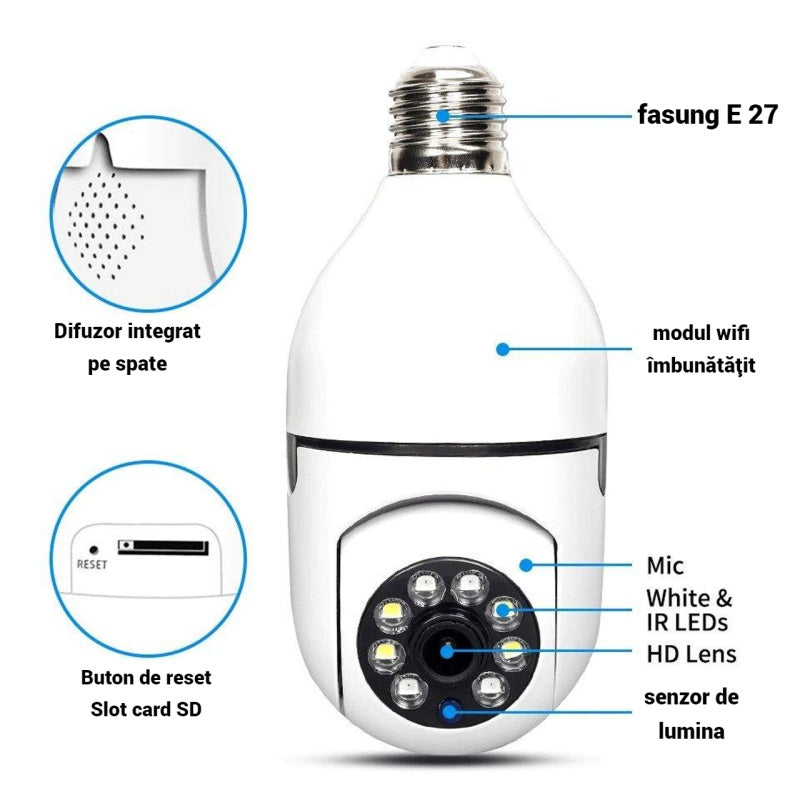 Camera de supraveghere Wifi cu led, Soclu E27 rotatie 360 grade