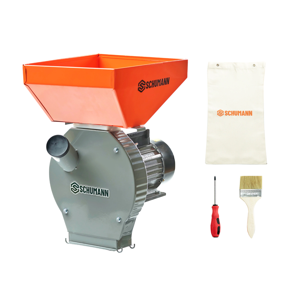 Moara electrica , SCHUMANN®, motor 3,9 kw , pentru cereale si stiuleti (2 in 1), Cuva Mare,(100% cupru), 3000 rpm, 325 kg/h, 4 site de rezerva, 20 ciocanele