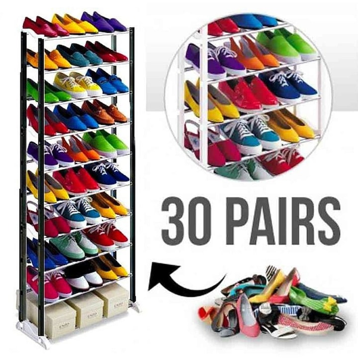 Suport Raft pentru Depozitare Incaltaminte, Capacitate 30 Perechi de Pantofi, Culoare Negru