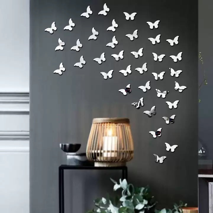 Set 25 Oglinzi acrilice autoadezive fluturi, pentru decorarea peretilor, 15 buc x 4 cm si 10 buc x 3 cm, Argintiu –