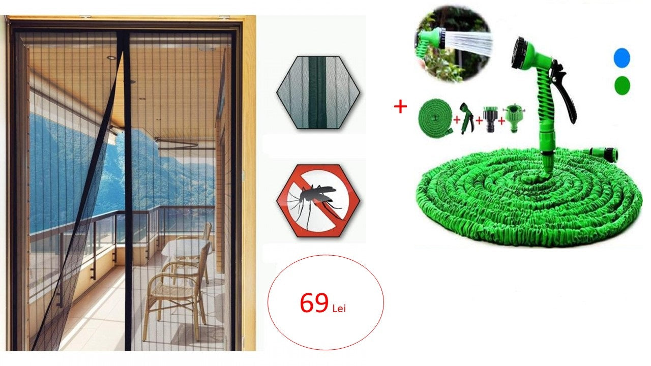 Pachet Promo Perdea anti insecte + Furtun extensibil gradina XXL + Pistol stropit, TOT pachetul la doar 69 lei!