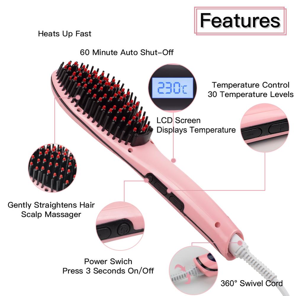 Perie pentru indreptarea parului cu ecran LCD, Straight Brush, Roz