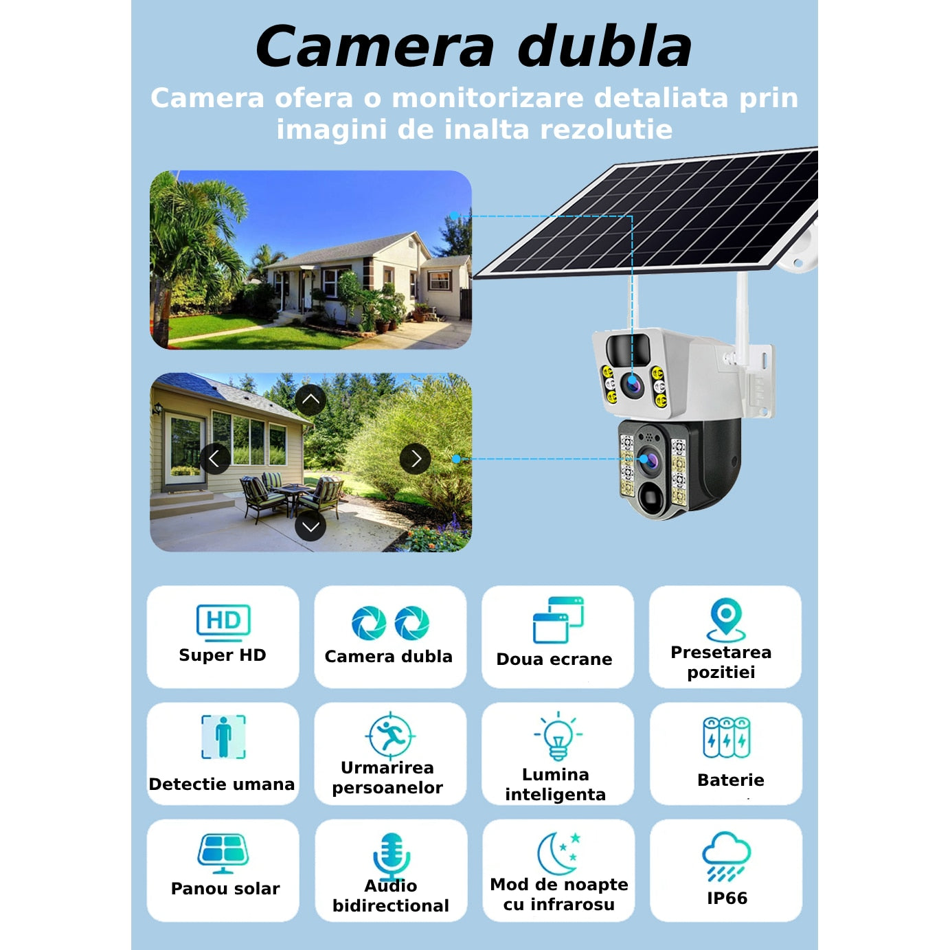 Camera de supraveghere  2in 1 cu Panou Solar inclus , 5MP, Portabila, Acumulator incorporat 12000mah, Rotire automata, Micro SD, Supravegheaza doua zone in acealasi timp