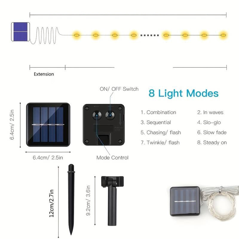 Instalatie luminoasa solara cupru 20m, 190 LED, Efecte, Panou solar, Lumina calda, Rezistenta la apa