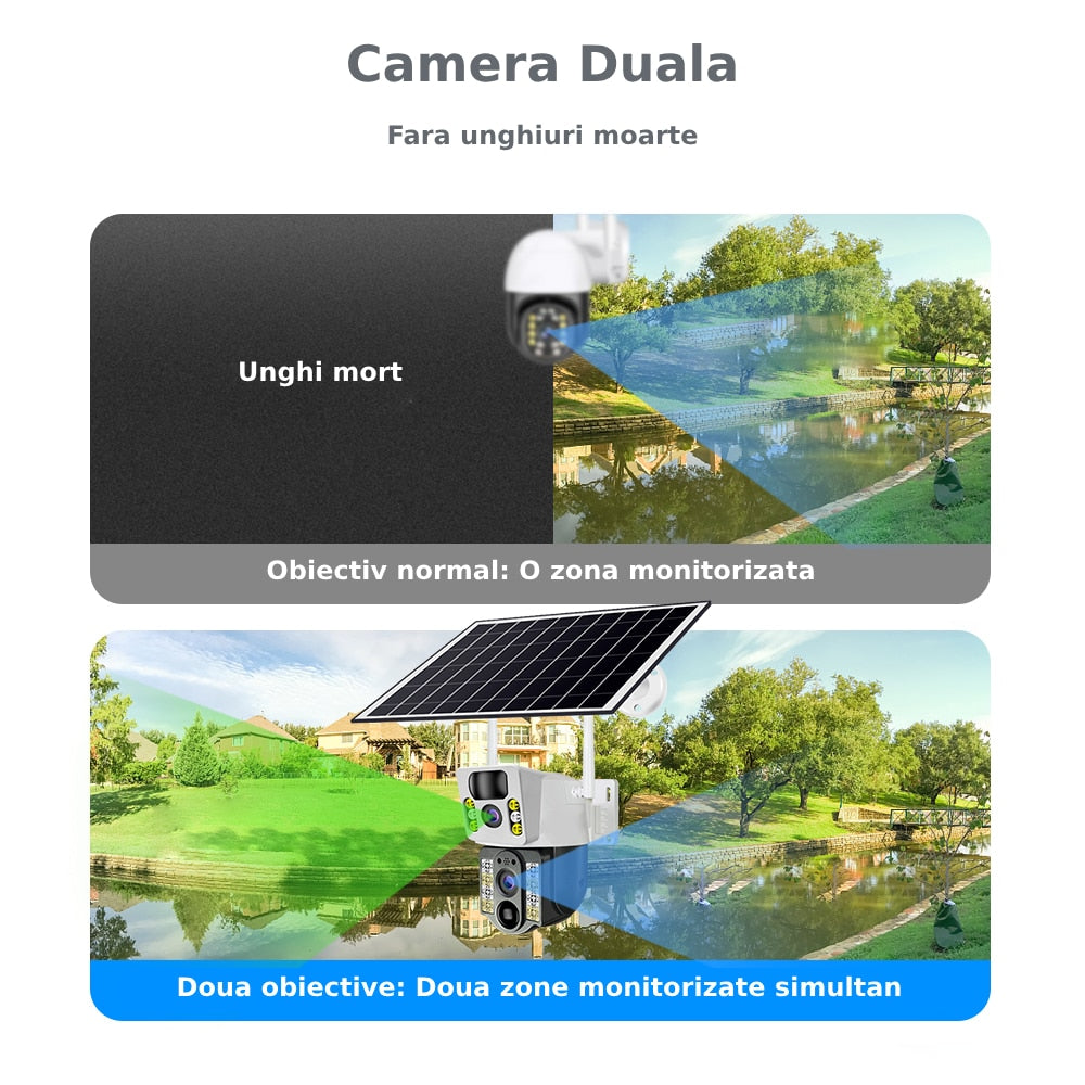 Camera de supraveghere  2in 1 cu Panou Solar inclus , 5MP, Portabila, Acumulator incorporat 12000mah, Rotire automata, Micro SD, Supravegheaza doua zone in acealasi timp