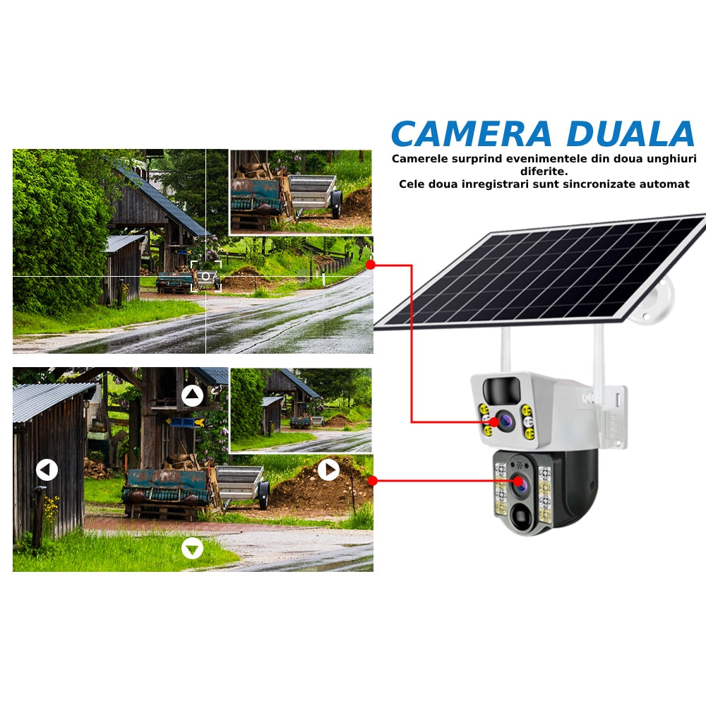 Camera de supraveghere  2in 1 cu Panou Solar inclus , 5MP, Portabila, Acumulator incorporat 12000mah, Rotire automata, Micro SD, Supravegheaza doua zone in acealasi timp