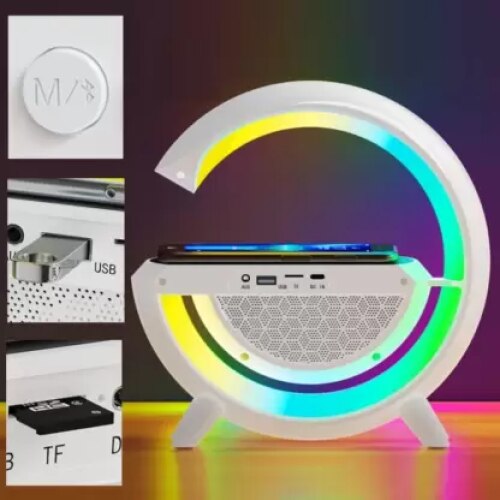 Stand Incarcator Wireless 15W, Bluetooth Speaker, Lampa Smart LED RGB, Radio FM, Card microSD, AUX, Alb