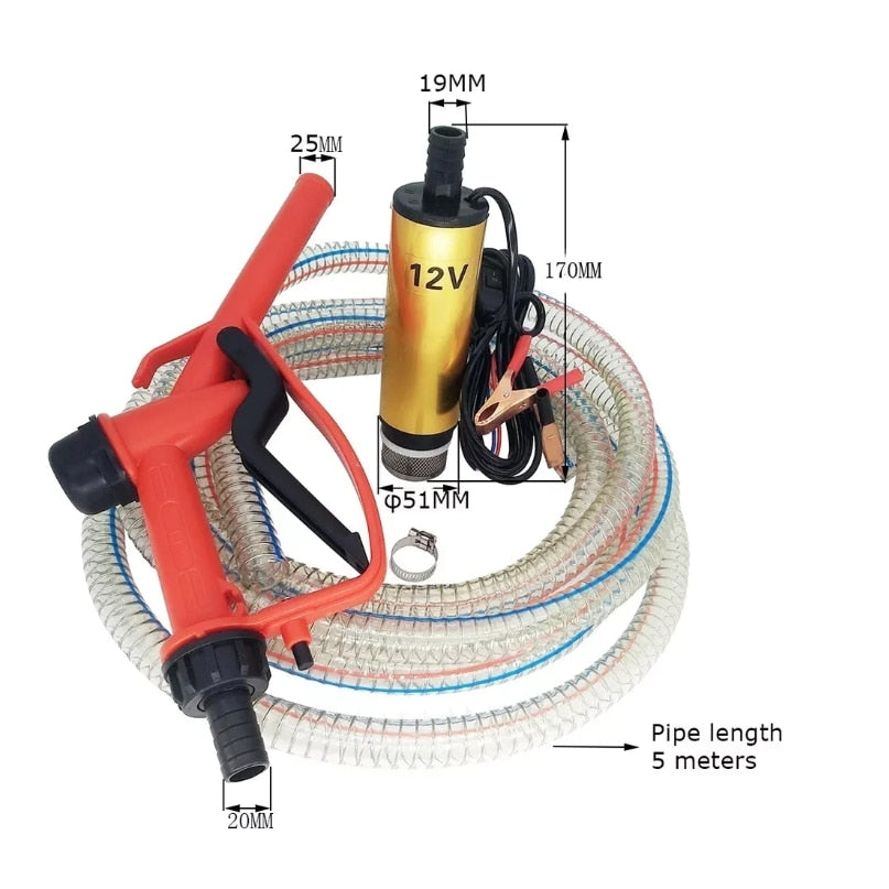 Pachet pompa transfer benzina motorina si alte lichide 12V cu furtun si pistol