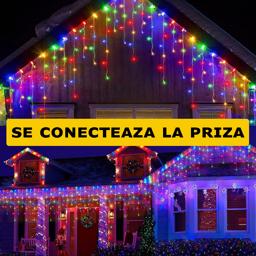 Instalatie Craciun Turturi 20M, 500 Led-uri, Pentru Casa / Gradina / Gard, Cu 1 Joc De Lumini, Franjuri Curgatoare, Exterior/Interior, Fir Alb, Interconectabila, Rezistenta La Apa, Multicolor