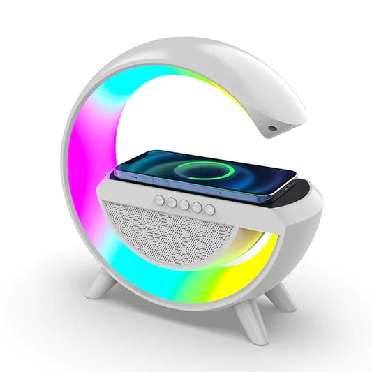 Stand Incarcator Wireless 15W, Bluetooth Speaker, Lampa Smart LED RGB, Radio FM, Card microSD, AUX, Alb