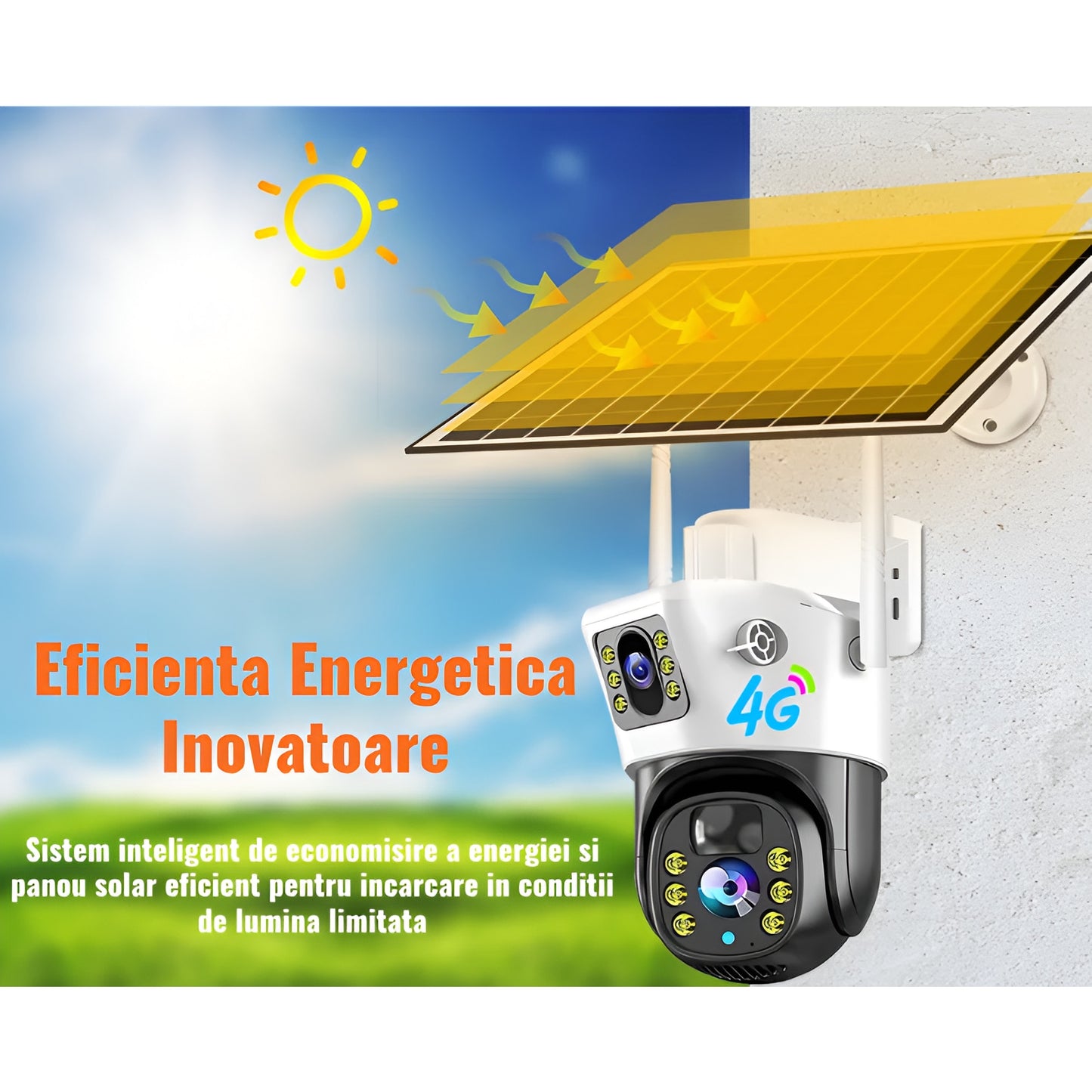 Camera Supraveghere Dubla, panou solar si cartela SIM, conexiune 4G, 4MP, zoom digital 10x FULL HD, panou solar acumulatori 12000mah, PTZ, Micro SD, Rotire, Alarma miscare