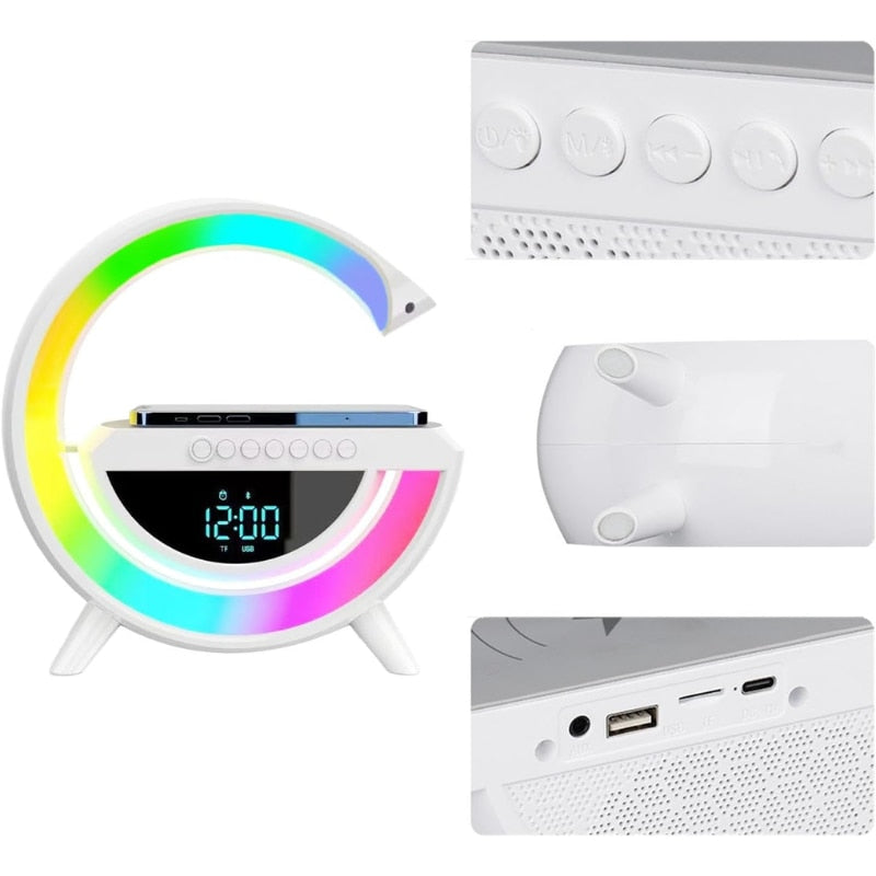 Incarcator wireless boxa bluetooth, Ceas digital, Alarma inteligenta, Lampa cu lumina ambientala RGB LED