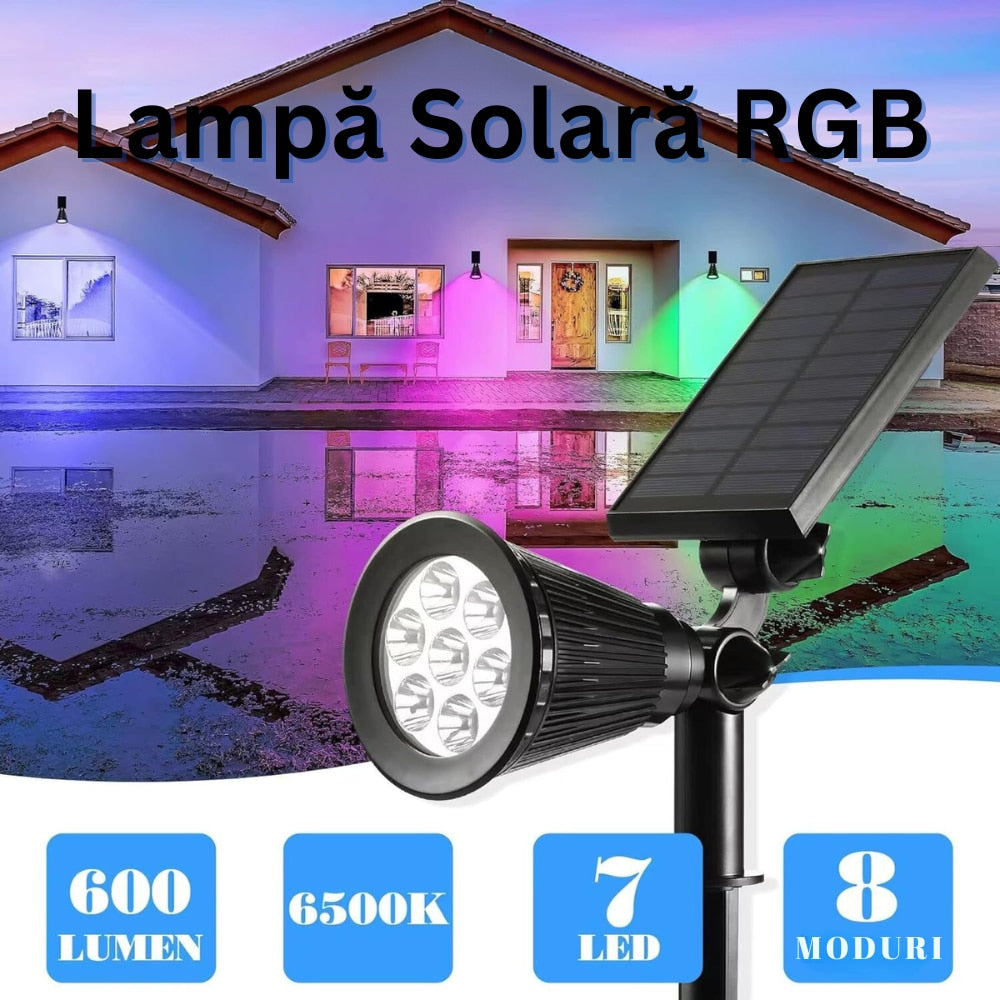 Lampa Solara RGB de Exterior cu Panou Solar Incorporat, 7 LED COB, pentru Gradina, Casa, Senzori Lumina