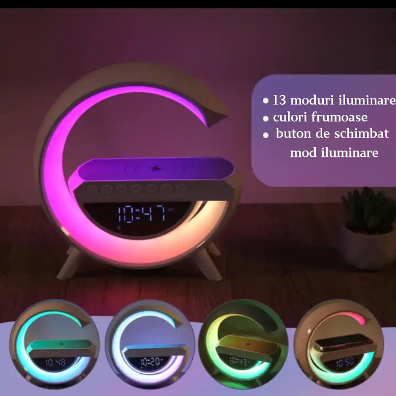 Incarcator wireless boxa bluetooth, Ceas digital, Alarma inteligenta, Lampa cu lumina ambientala RGB LED