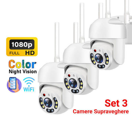 Set 3 Camere Supraveghere cu aplicatie pe telefon, Full HD, Vedere color, Night Vision senzor de miscare